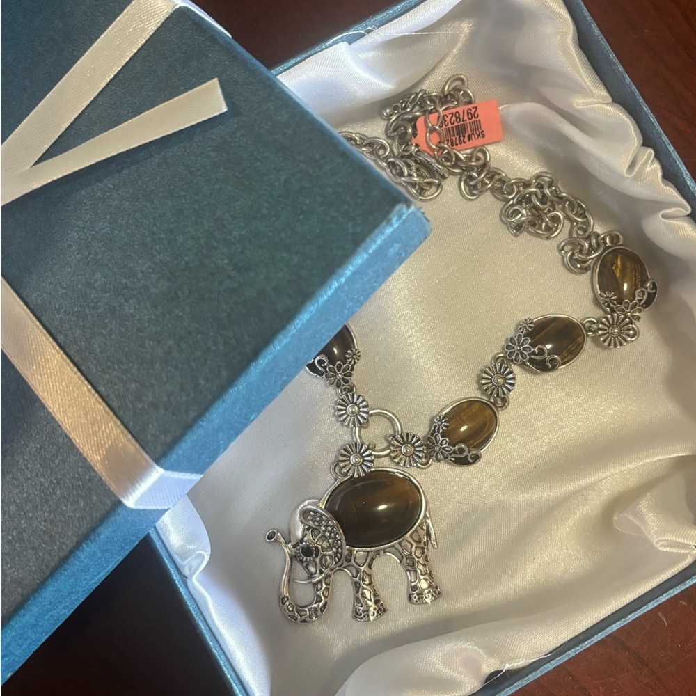 Silver and Brown Elephant Pendant Necklace